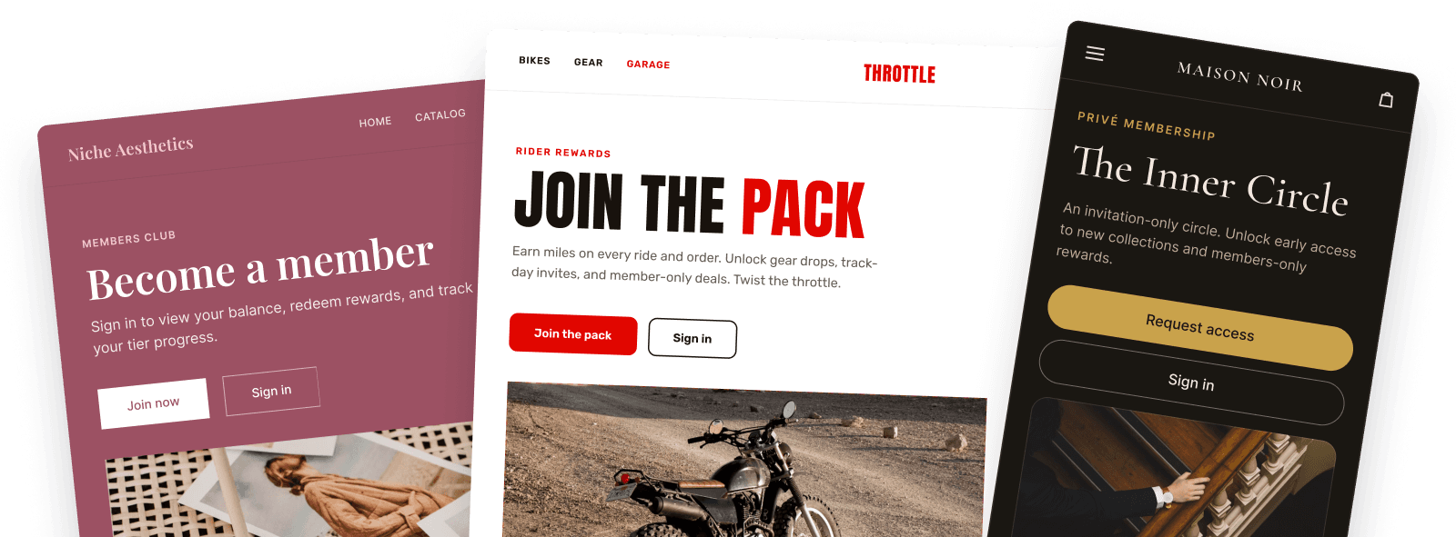 PerkStack rewards styled to match three different storefronts: Niche Aesthetics, Throttle, and Maison Noir